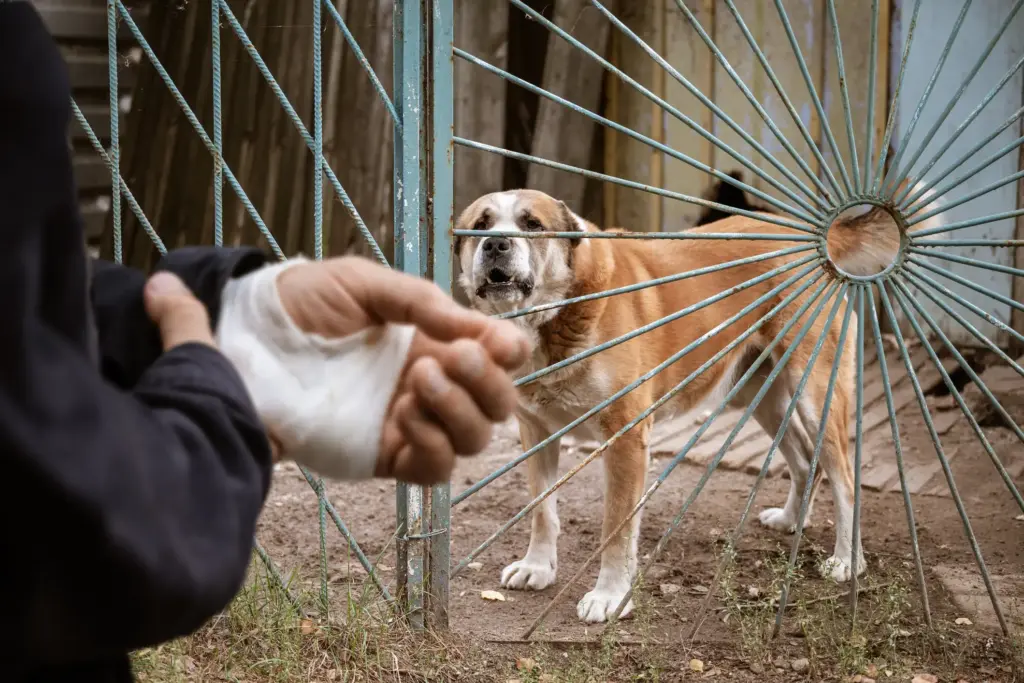 A person with a hand injury with a sad dog gated in the background. 