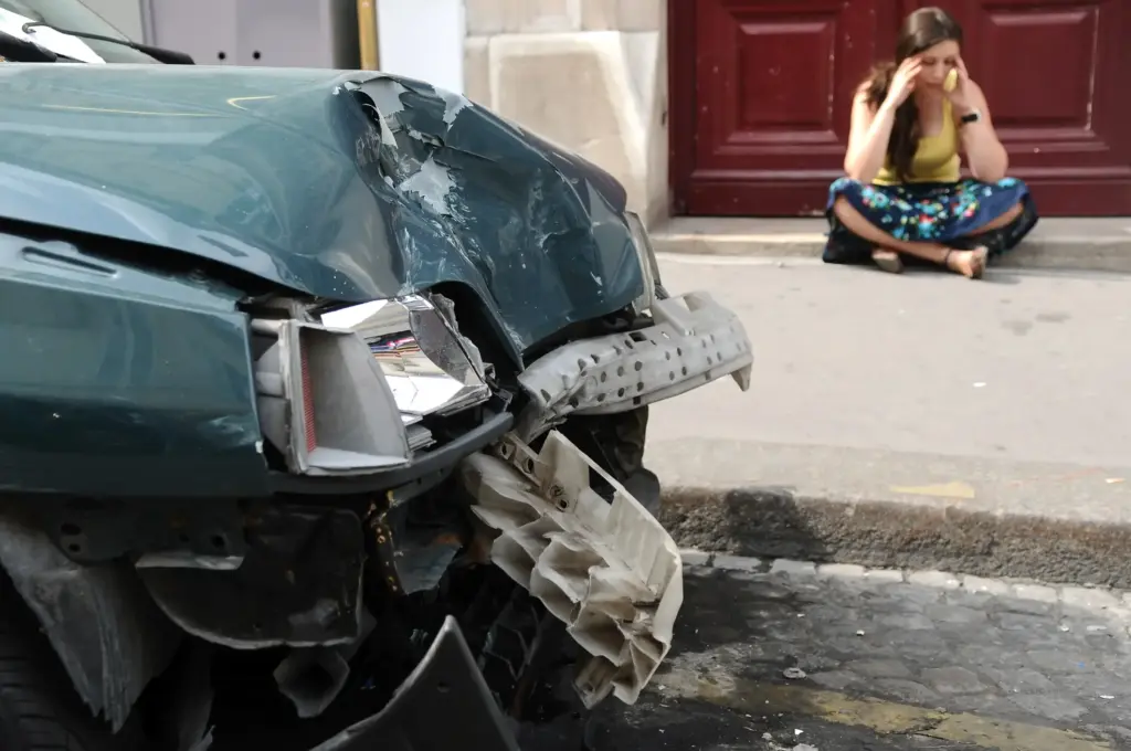 A woman sitting down and on her phone after a car accident.