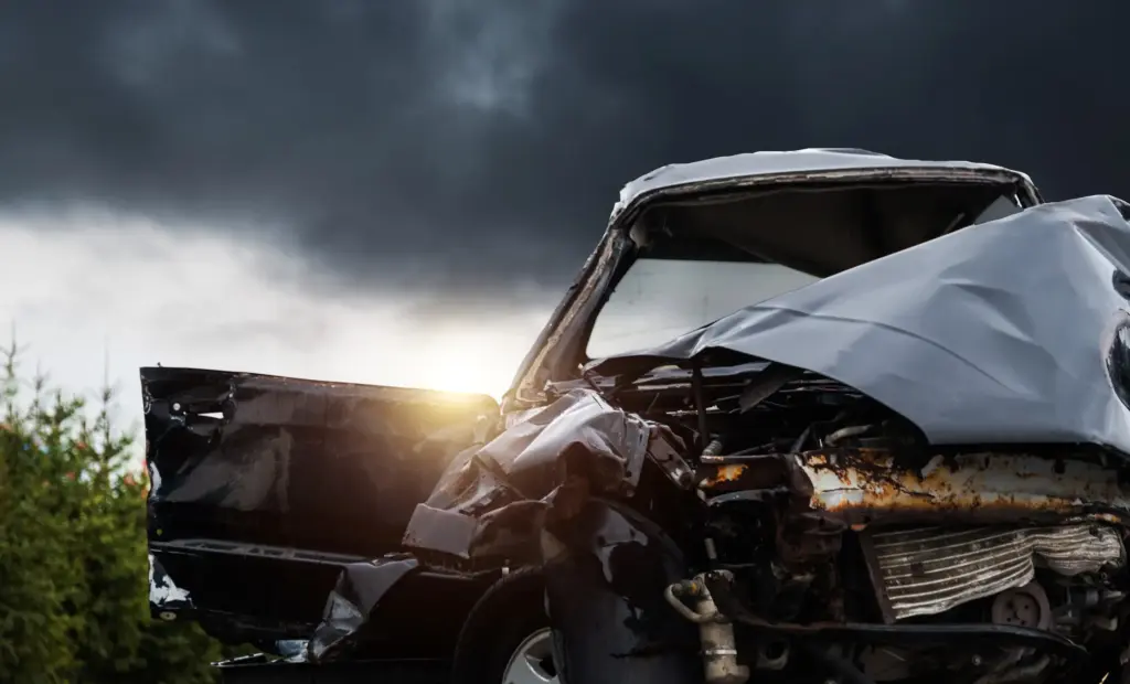 A wrecked car after a severe car accident. 