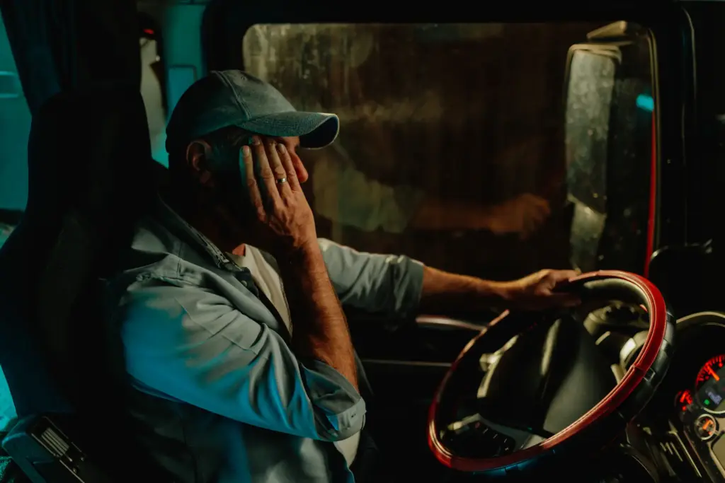 A tired truck driver driving at night. 