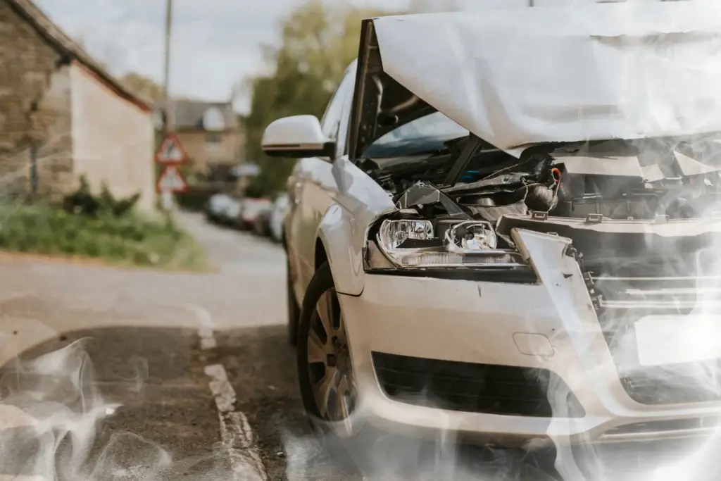 A white car that has been damaged in an accident. 