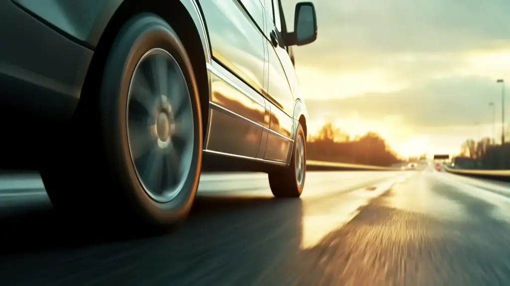 A car speeding down a road. 