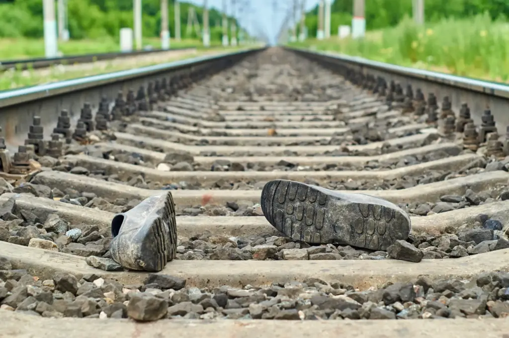 A pair of shoes on a train track. 
